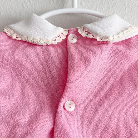 Vintage Baby Pink Dress Sz 12mo Lace Peter Pan Collar Embroidered Animal Mid Mod - Picture 7 of 11